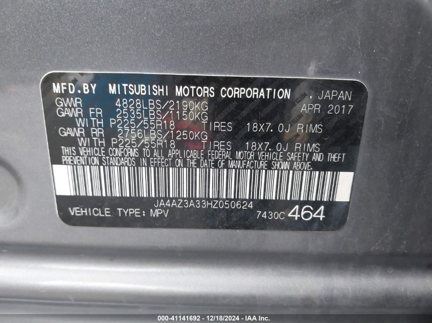 2017 Mitsubishi Outlander Se VIN: JA4AZ3A33HZ050624 Lot: 41141692