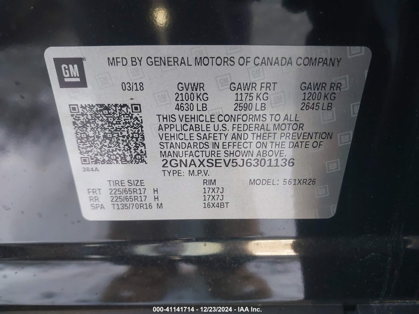 2018 CHEVROLET EQUINOX VIN: 2GNAXSEV5J6301136