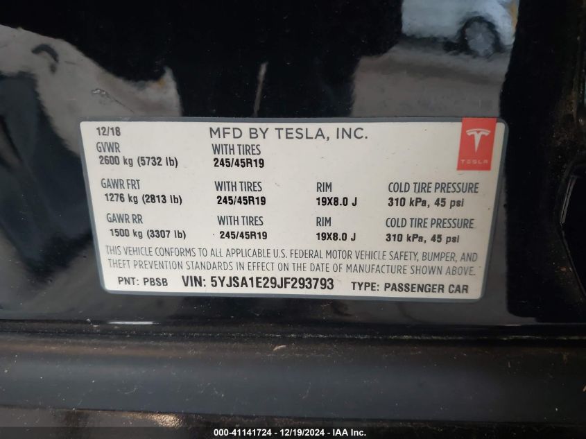 2018 Tesla Model S 100D/75D/P100D VIN: 5YJSA1E29JF293793 Lot: 41141724