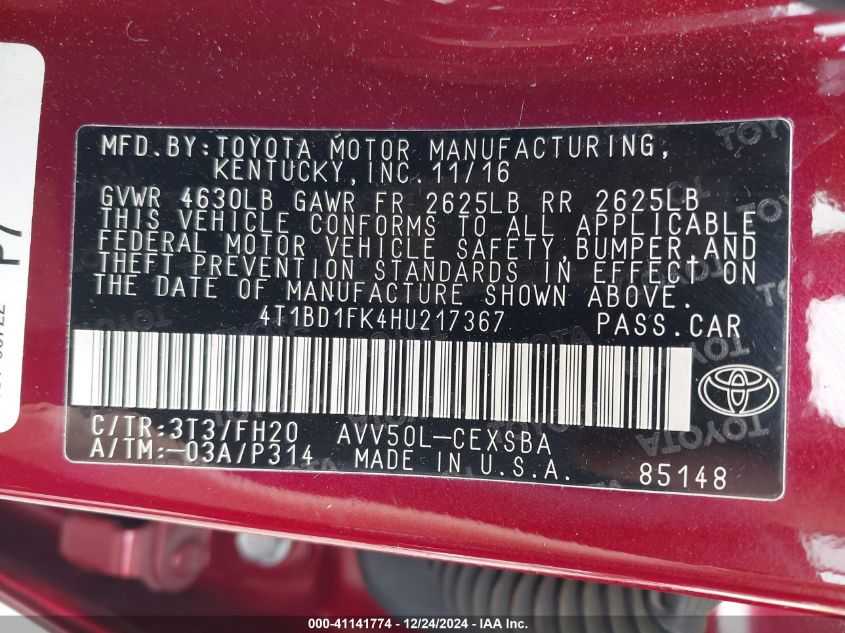 VIN 4T1BD1FK4HU217367 2017 Toyota Camry, Hybrid SE no.9