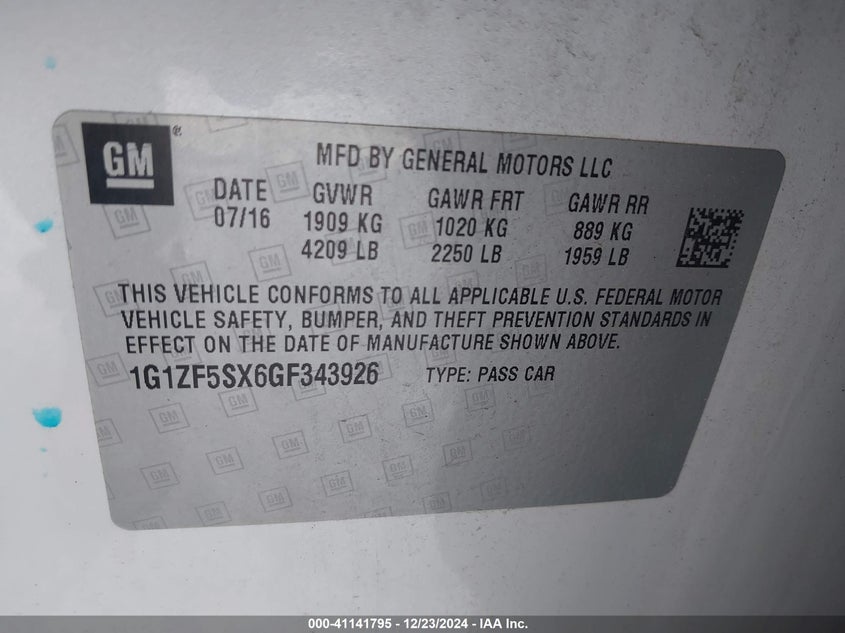 2016 CHEVROLET MALIBU VIN: 1G1ZF5SX6GF343926