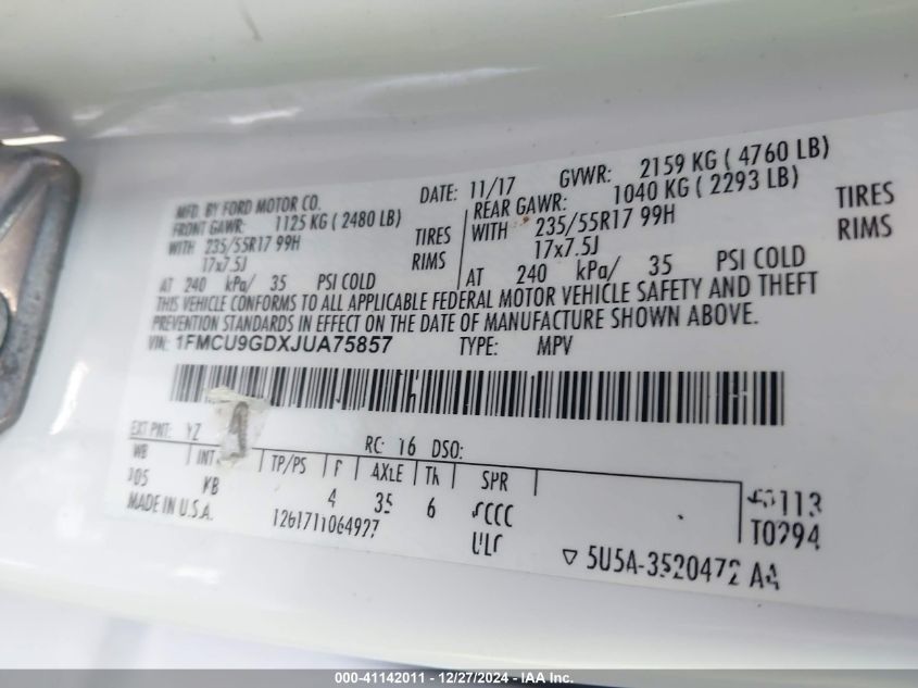 2018 Ford Escape Se VIN: 1FMCU9GDXJUA75857 Lot: 41142011