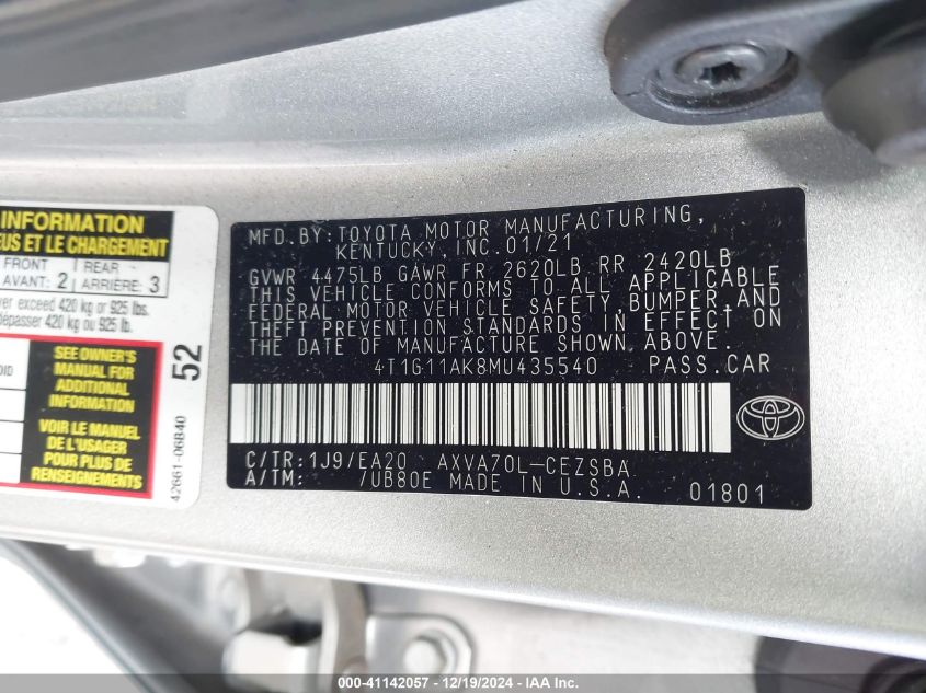 VIN 4T1G11AK8MU435540 2021 Toyota Camry, SE no.9