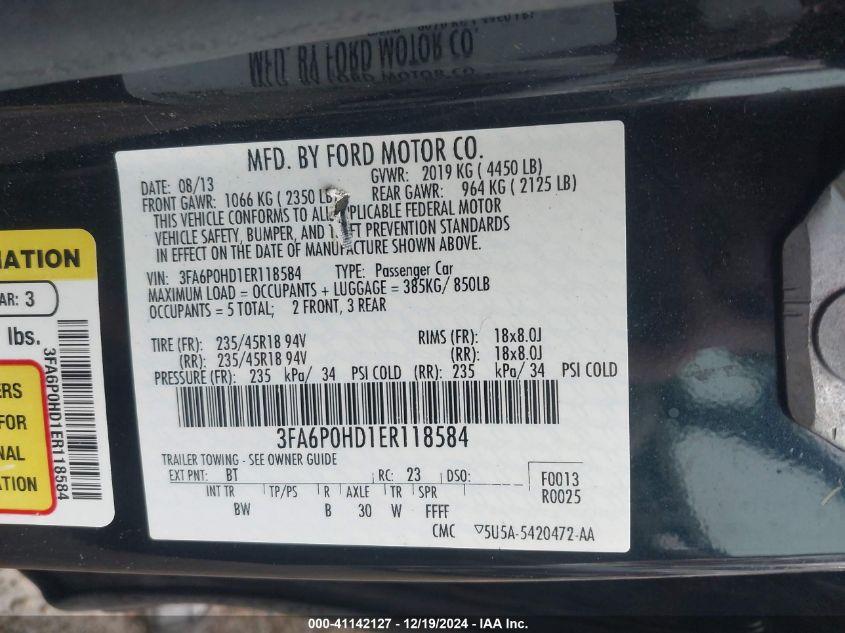 VIN 3FA6P0HD1ER118584 2014 FORD FUSION no.9