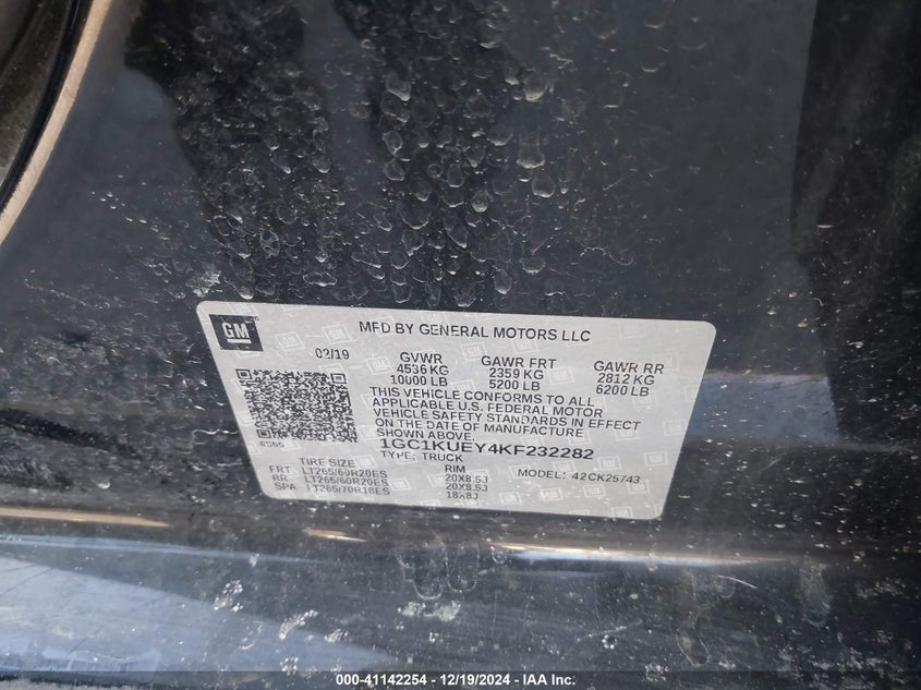 2019 CHEVROLET SILVERADO VIN: 1GC1KUEY4KF232282