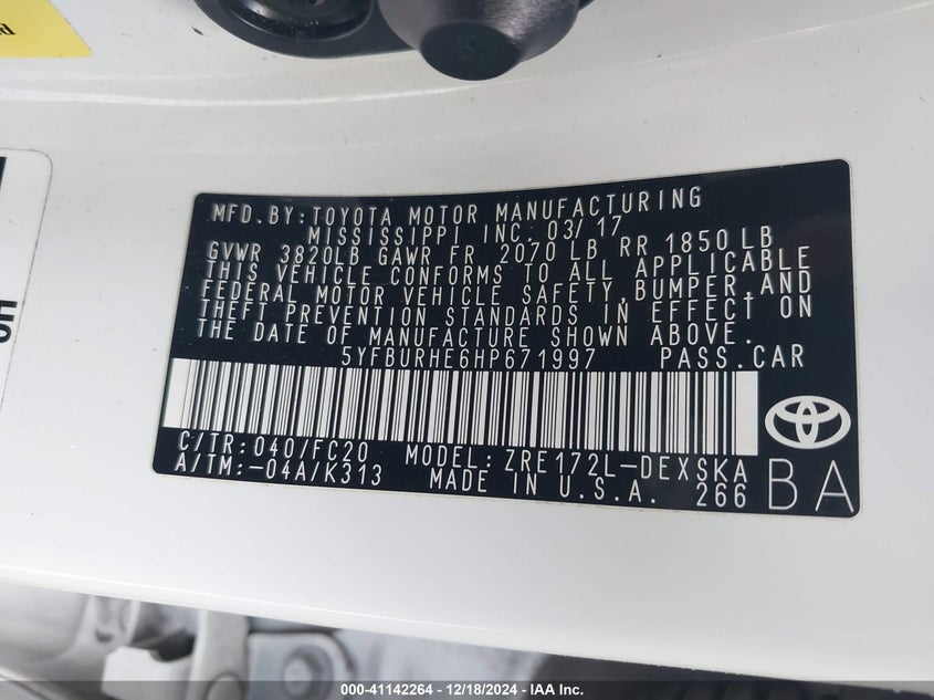 2017 TOYOTA COROLLA VIN: 5YFBURHE6HP671997