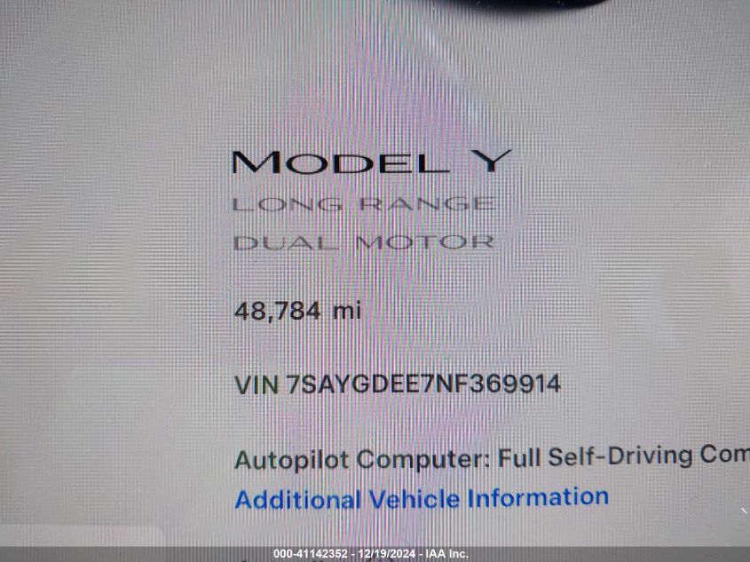 2022 Tesla Model Y Long Range Dual Motor All-Wheel Drive VIN: 7SAYGDEE7NF369914 Lot: 41142352