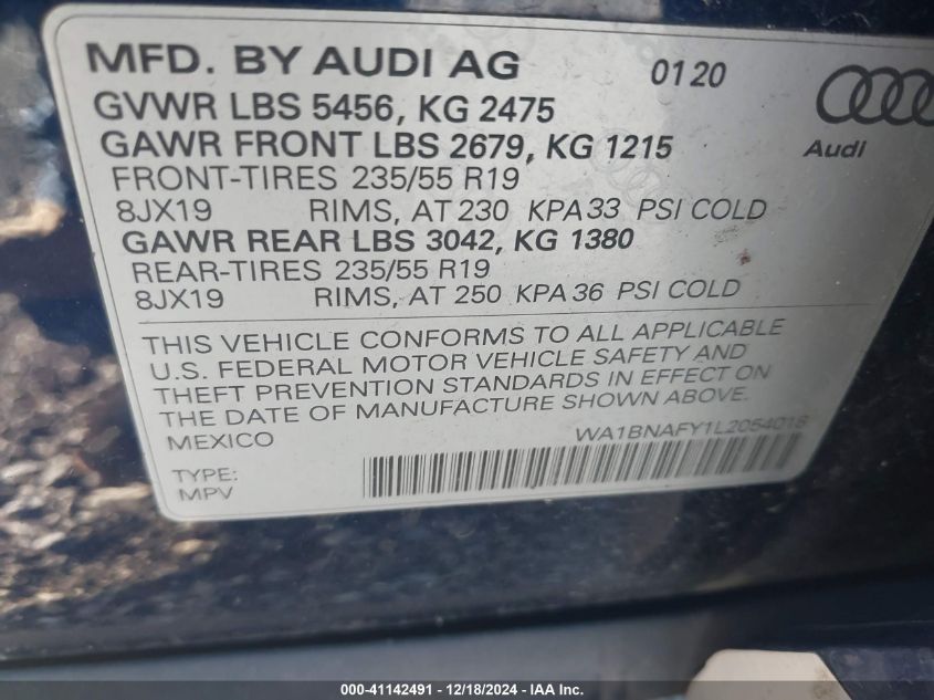 VIN WA1BNAFY1L2054018 2020 AUDI Q5 no.9