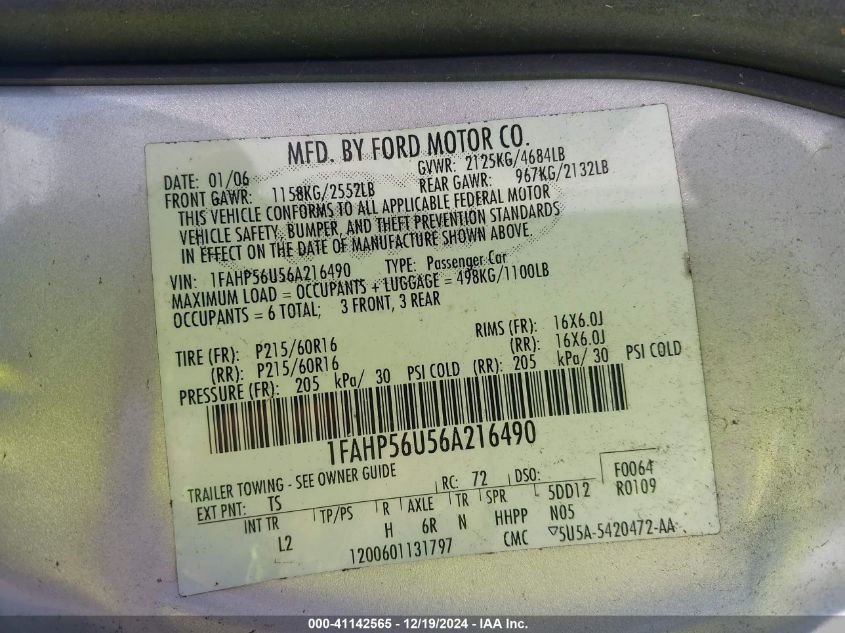 2006 Ford Taurus Sel VIN: 1FAHP56U56A216490 Lot: 41142565