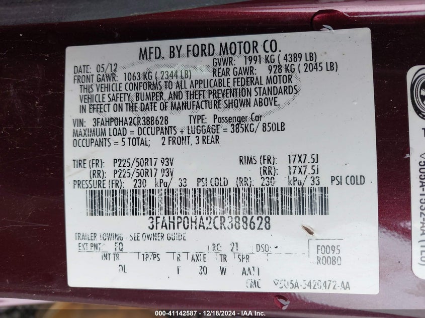 2012 FORD FUSION VIN: 3FAHP0HA2CR388628