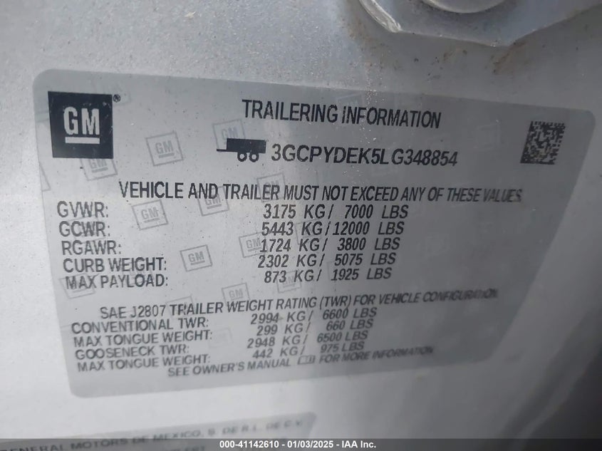 2020 CHEVROLET SILVERADO 1500 VIN: 3GCPYDEK5LG348854