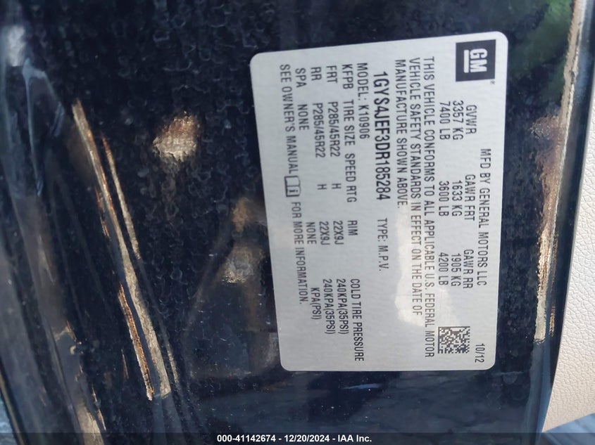 2013 CADILLAC ESCALADE ESV VIN: 1GYS4JEF3DR185284