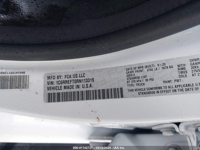 2024 RAM 1500 VIN: 1C6RREFT0RN113319