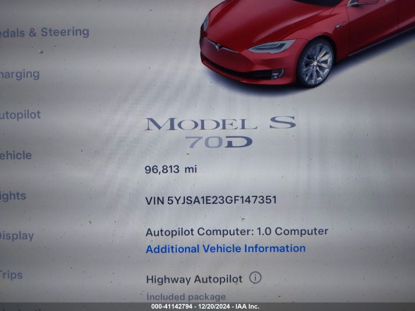 2016 Tesla Model S 60D/70D/75D/85D/90D VIN: 5YJSA1E23GF147351 Lot: 41142794