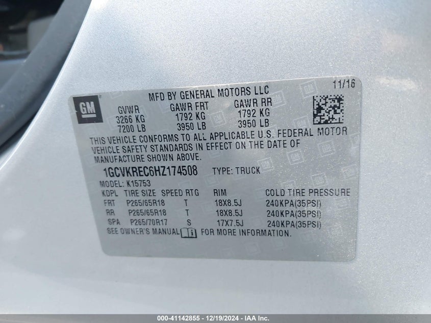 2017 CHEVROLET SILVERADO VIN: 1GCVKREC6HZ174508