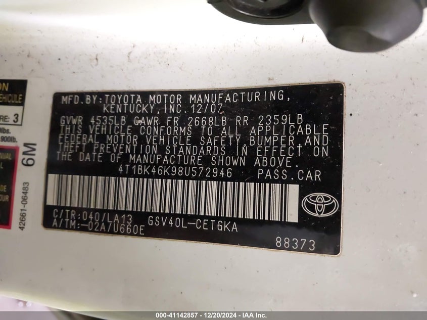 2008 TOYOTA CAMRY VIN: 4T1BK46K98U572946