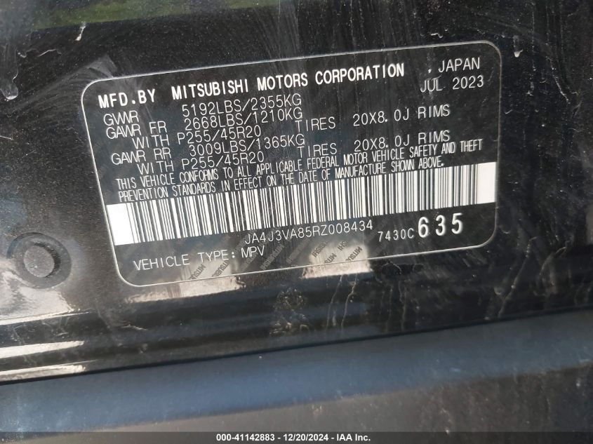 2024 Mitsubishi Outlander Se 2.5 2Wd VIN: JA4J3VA85RZ008434 Lot: 41142883