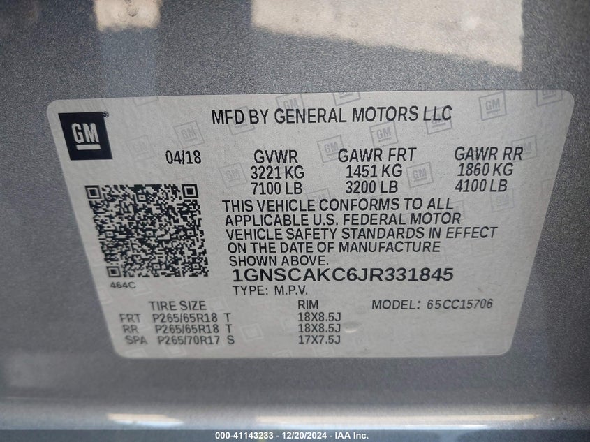 2018 CHEVROLET TAHOE LS VIN: 1GNSCAKC6JR331845