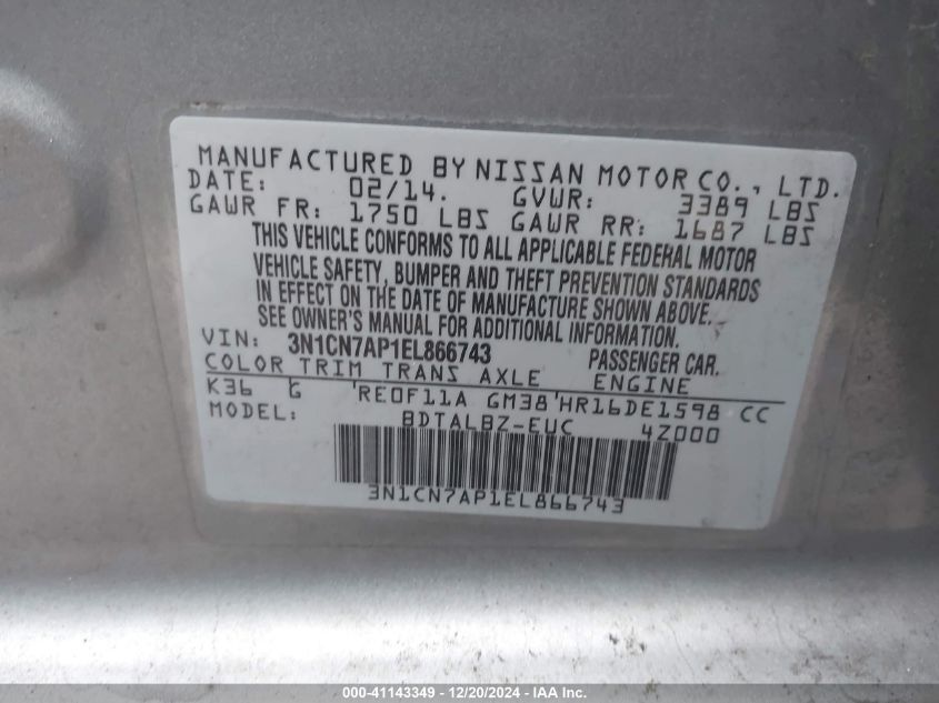 VIN 3N1CN7AP1EL866743 2014 Nissan Versa, 1.6 SV no.9