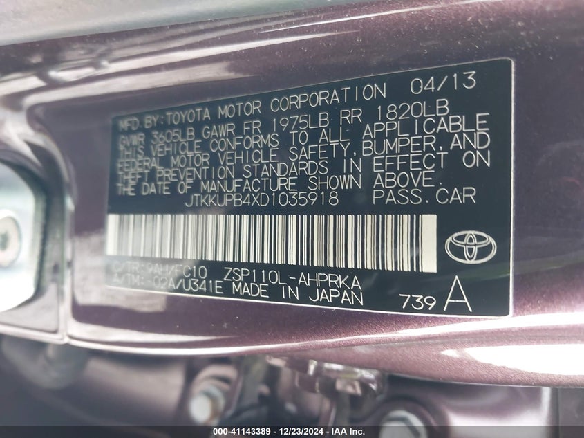 2013 SCION XD VIN: JTKKUPB4XD1035918