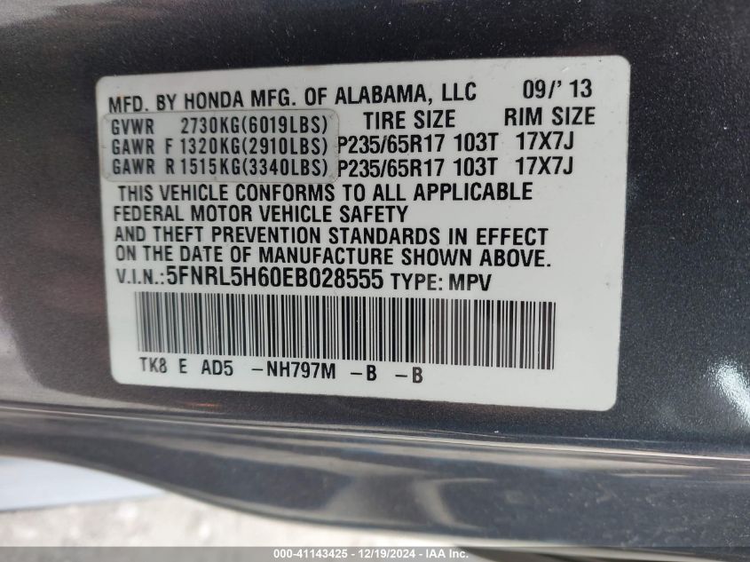 VIN 5FNRL5H60EB028555 2014 Honda Odyssey, Ex-L no.9