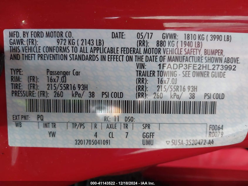 2017 FORD FOCUS SE - 1FADP3FE2HL273992