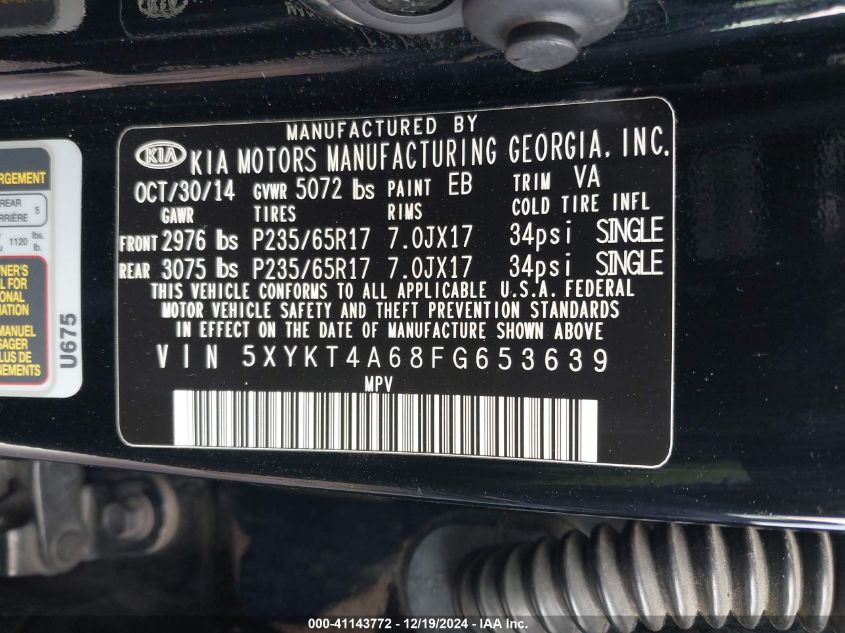 VIN 5XYKT4A68FG653639 2015 KIA Sorento, LX no.9