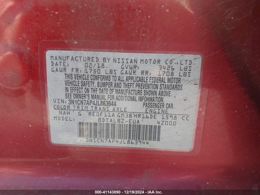 2018 NISSAN VERSA 1.6 SV - 3N1CN7AP4JL863944