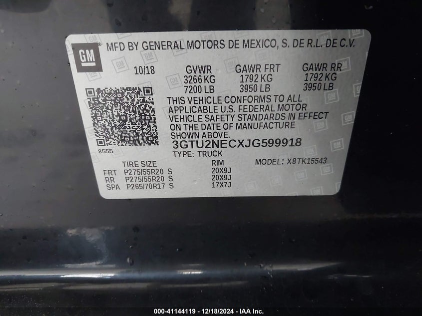 2018 GMC SIERRA 1500 VIN: 3GTU2NECXJG599918