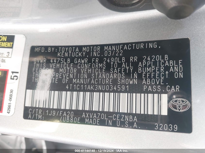 2022 TOYOTA CAMRY VIN: 4T1C11AK3NU034591