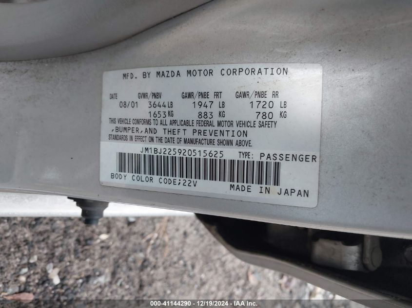 2002 Mazda Protege VIN: JM1BJ225920515625 Lot: 41144290