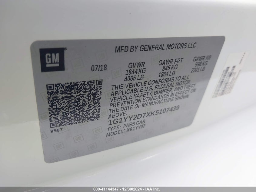 2019 CHEVROLET CORVETTE VIN: 1G1YY2D7XK5107439
