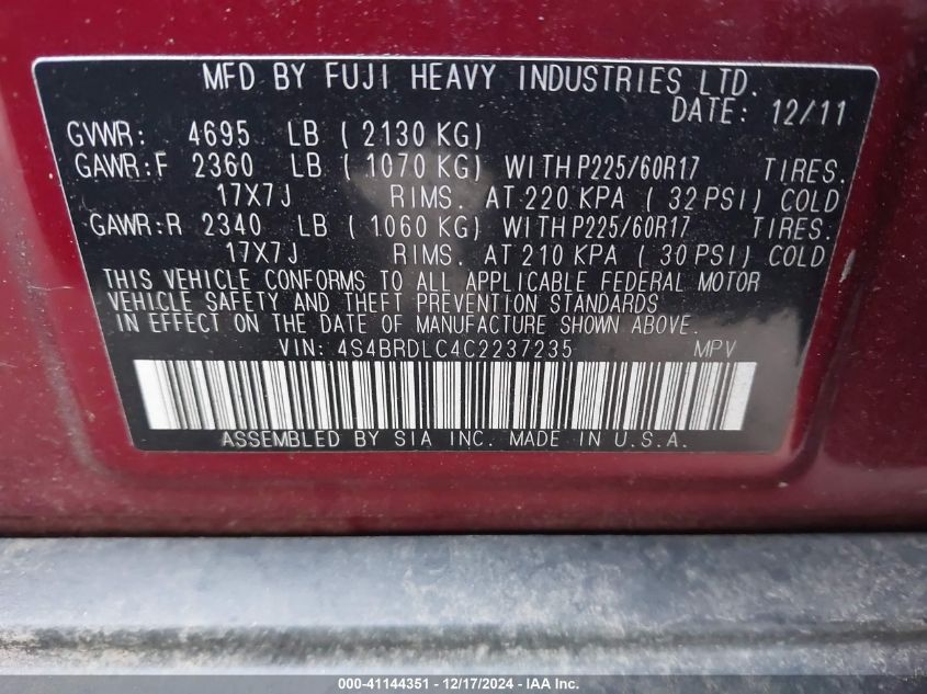 2012 Subaru Outback 3.6R Limited VIN: 4S4BRDLC4C2237235 Lot: 41144351