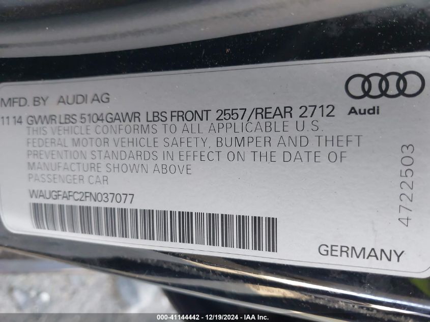 VIN WAUGFAFC2FN037077 2015 Audi A6, 2.0T Premium no.9