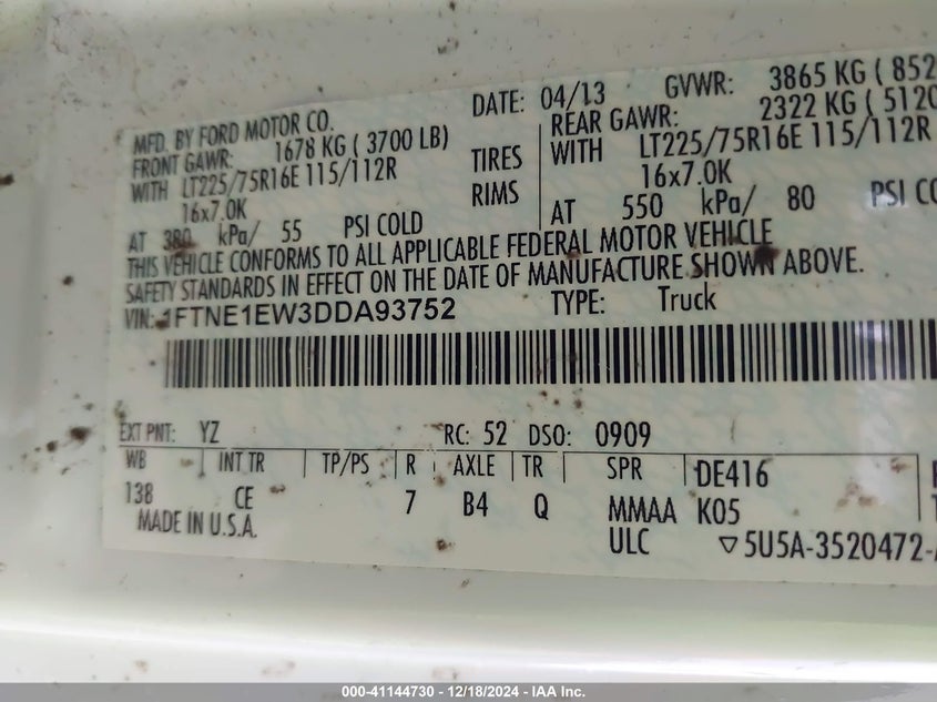 2013 FORD E-150 COMMERCIAL 1FTNE1EW3DDA93752