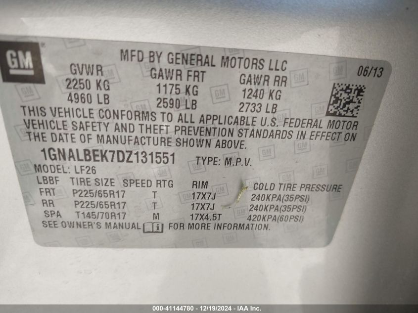 VIN 1GNALBEK7DZ131551 2013 Chevrolet Equinox, LS no.9