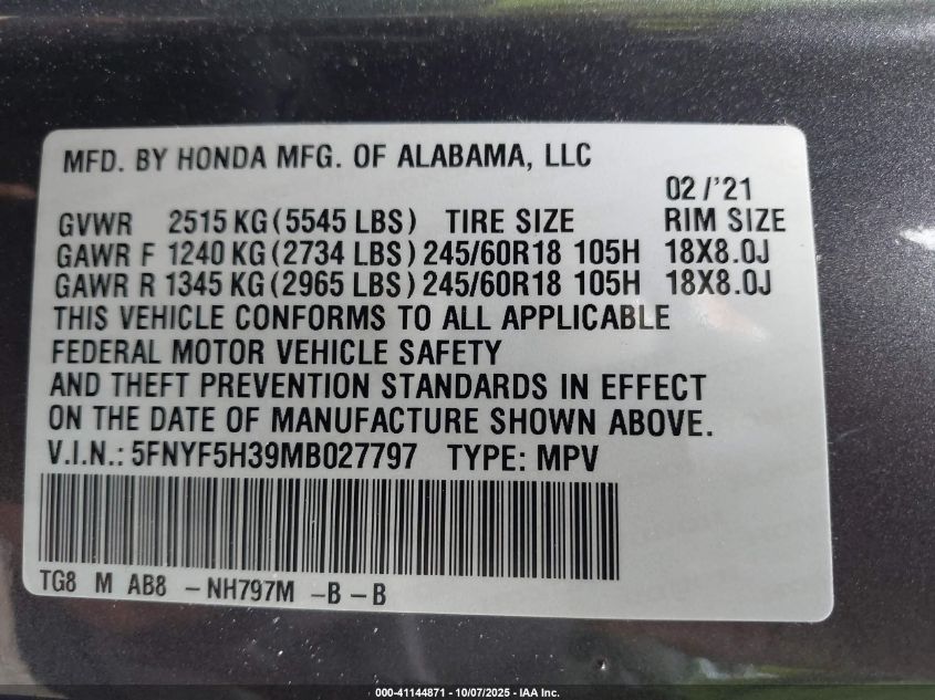 2021 Honda Pilot 2Wd Ex VIN: 5FNYF5H39MB027797 Lot: 41144871