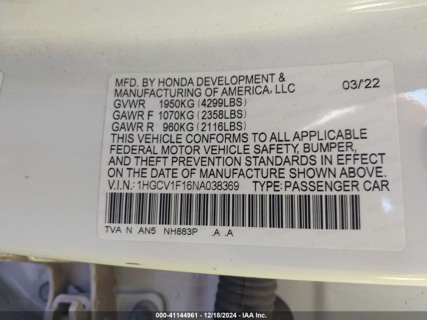 VIN 1HGCV1F16NA038369 2022 Honda Accord, LX no.9