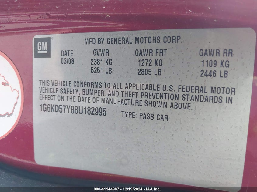 2008 CADILLAC DTS VIN: 1G6KD57Y88U182995