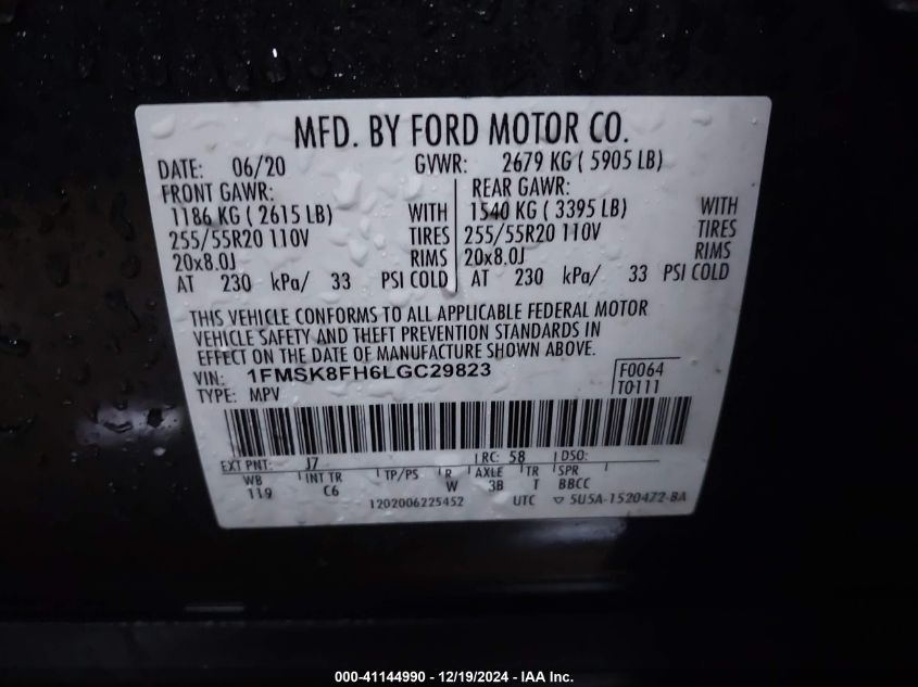 2020 Ford Explorer Limited VIN: 1FMSK8FH6LGC29823 Lot: 41144990