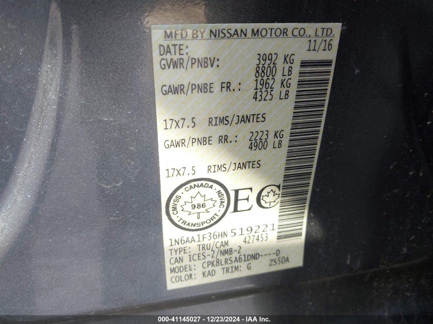 2017 NISS TITAN XD S CREW CAB VIN: 1N6AA1F36HN519221