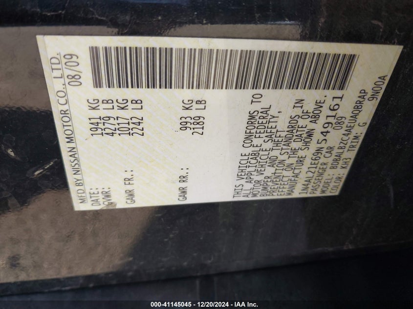 2009 NISSAN ALTIMA VIN: 1N4AL21E69N549161