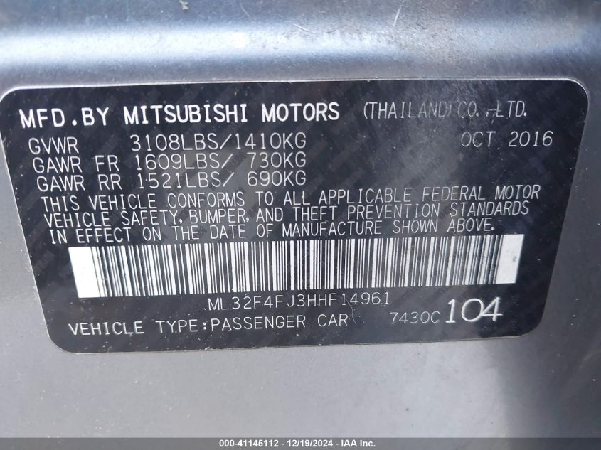 VIN ML32F4FJ3HHF14961 2017 Mitsubishi Mirage, G4 SE no.9