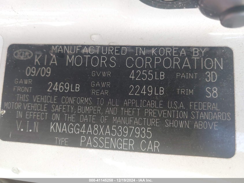 2010 KIA OPTIMA VIN: KNAGG4A8XA5397935
