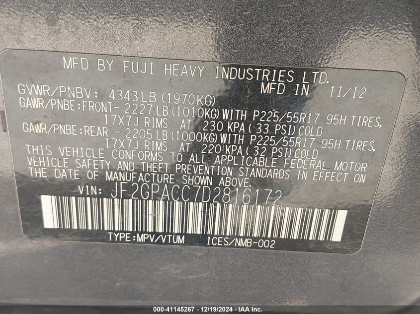 2013 SUBARU XV CROSSTREK 2.0I PREMIUM - JF2GPACC7D2816172