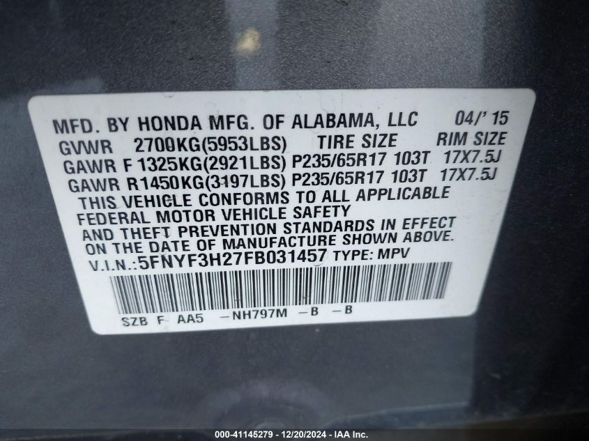 VIN 5FNYF3H27FB031457 2015 HONDA PILOT no.9