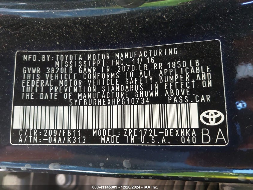 2017 TOYOTA COROLLA VIN: 5YFBURHEXHP610734