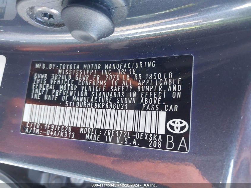 2019 TOYOTA COROLLA L/LE/XLE/SE/XSE - 5YFBURHE8KP886031