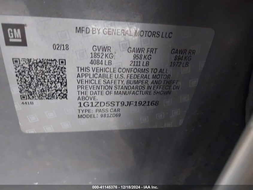 2018 CHEVROLET MALIBU VIN: 1G1ZD5ST9JF192168