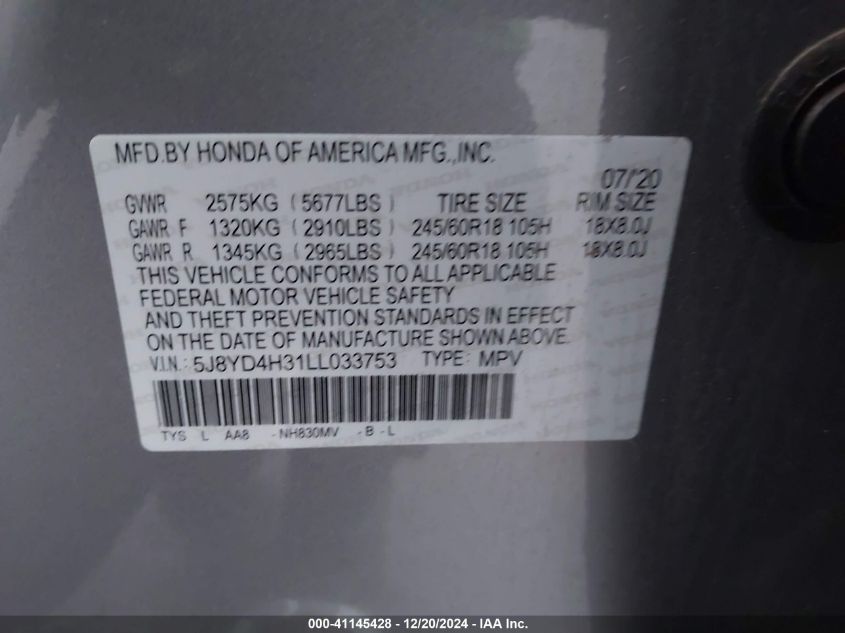 VIN 5J8YD4H31LL033753 2020 ACURA MDX no.9